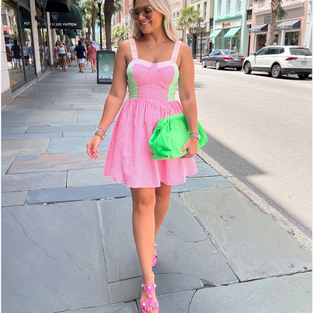 English Factory Pink and Neon Green Striped Mini Dress